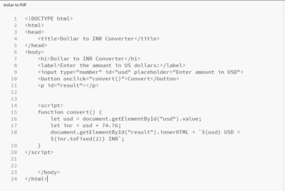 dollar to inr converter HTML code which helps to generate USD to inr